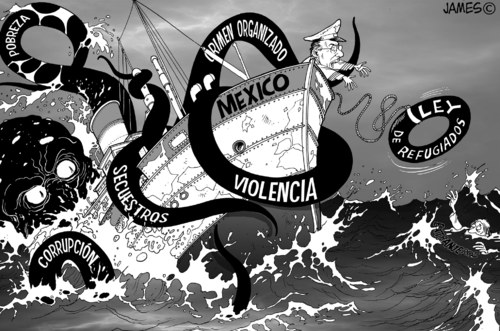 Cartoon: El salvavidas (medium) by JAMEScartoons tagged politico,corrupcion,secuestro,pulpo,calderon,naufrao,extorsion