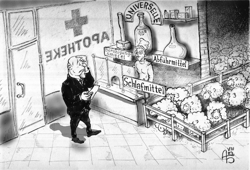 Cartoon: Apotheke (medium) by Back tagged apotheke,kranke,patient,übel,schlaftablette,pillen,schlafmittel,medikamente,medizin,heilmittel,medikament,drogen,medikamenten,heilung,tabletten,arznei,behandlung,arzneimittel