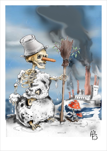 Cartoon: Der Schneemann (medium) by Back tagged ökologie,umwelt,energie,erderwärmung,industrieländer,natur,menschheit,klimawandel,klima,schneemann,snowman