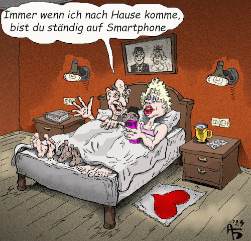 Cartoon: Drei Im Bett (medium) by Back tagged kontrolle,untreue,treulosigkeit,verrat,treubruch,familie,familienbeziehungen,digital,netzwerke,cartoon,handysucht,kontrollverlust,handyabhängigkeit,manie,besessenheit,wahn,fimmel,smartphone,sucht,obliquität,abhängigkeit