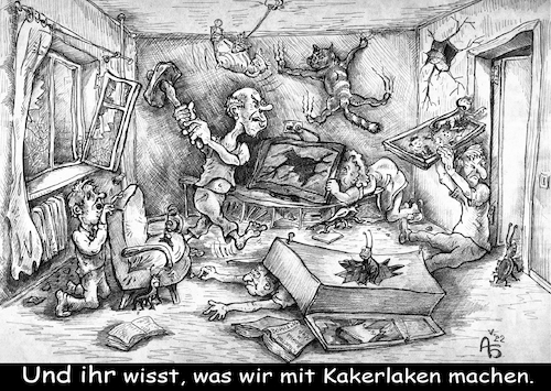 Cartoon: Kakerlaken bekämpfen (medium) by Back tagged zweck,mittel,konflikt,kampf,konfrontation