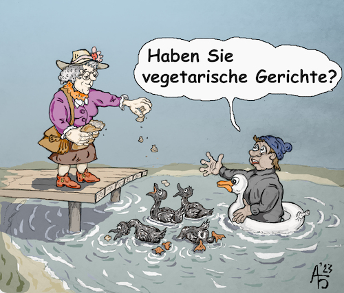 Cartoon: Launenhafter Bittsteller (medium) by Back tagged wunsch,befriedigung,almosen,enten,park,füttern,verbrauchsraten,heilhunde,diät,ernährung,nahrung,lebensunterhalt,brot