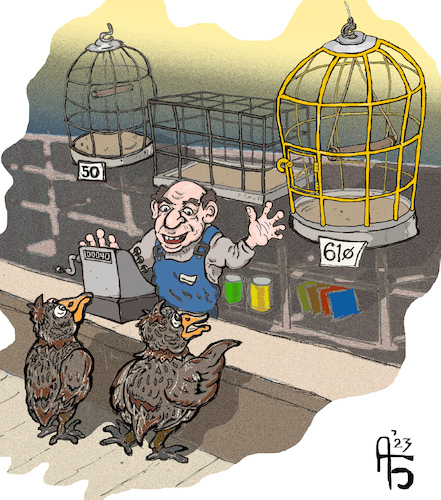 Cartoon: Pet Shop (medium) by Back tagged wahl,anwahl,auswahl,auslese,alternative,angebot,choice,freedom,liberty,latitude,play,disengagement,unrestraint,petshop,tierhandlung,freiheit,ungebundenheit,zelle,käfig,kästchen