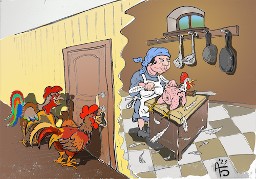 Cartoon: Striptease (medium) by Back tagged küche,kochen,hahn,libido,belästigung,harassment,männlich,striptease,neugier,laster,interesse