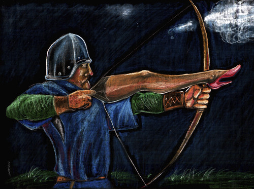 Cartoon: Archer (medium) by JARO tagged archer,stockings,woman,legs