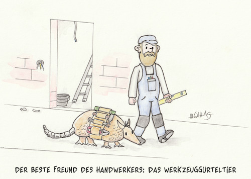 Cartoon: Das Werkzeuggürteltier (medium) by Thomas Novotny tagged handwerk,handwerker,werkzeug,werkzeuggürtel,gürteltier,freund,renovierung,bau,baustelle,elektrik,haus,wohnung,zange,hammer,wasserwaage,leiter