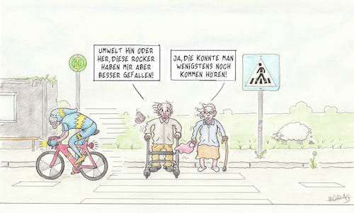 Cartoon: E-Biker (medium) by Thomas Novotny tagged ebiker,kampfradler,ebike,emobilität,biker,motorrad,energiewende,umweltschutz,fahrrad,bicycle,klima,climate,crisis,klimakrise,rocker,schaf,motorcycle,senioren,rentner,bushaltestelle,bus,stop