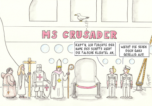 Cartoon: MS Crusader (medium) by Thomas Novotny tagged kreuzfahrt,kreuzfahrer,crusade,kreuzzug,kreuzfahrtschiff,tourismus,religion,tourism,cruise,ship,crusader,holy,land,heiliges,kreuz,cross,pilgrim,pilger,kreuzritter,kardinal,mönch,monk,möwe,seagull,jesus,urlaub,vacation,holidays,massentourismus,meer,sea