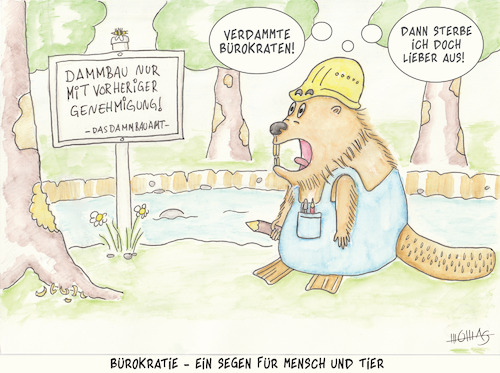 Cartoon: VerDAMMt! (medium) by Thomas Novotny tagged biber,beaver,damm,dam,verdammt,damn,bürokratie,bureaucracy,unwelt,environment,aussterben,gefährdete,arten,endangered,species,holz,wood,baum,tree,bauen,build,mensch,human,tier,animal,vorschriften,regulations