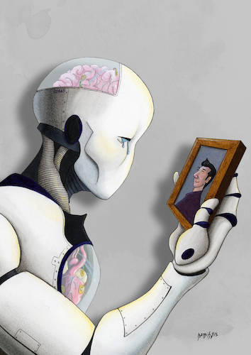 Cartoon: future (medium) by hamitgis tagged robot,human,emotion,artificial,intelligence,crying,sad,memory,brain,heart,longing,portrait,soul,technology,illustration,science,fiction,loss,humanity,future,hamit,hamitgis,gis