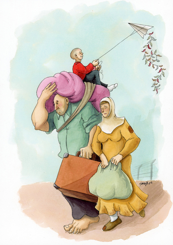 Cartoon: hope (medium) by hamitgis tagged hope,childhood,innocence,migration,family,travel,suitcase,dreams,struggle,for,life,paper,plane,future,hamit,hamitgis,gis,cartoon,art,drawing