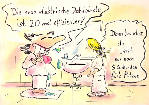 Cartoon: 20fache Effizienz (medium) by TomPauLeser tagged zahnhygiene,zahnbürste,zahnreinigung,parodontose,karies,mundgeruch,zahnfäule,mundhygiene,effektiv,effizienz,badezimmer,badematte,zahnpasta,zahcreme