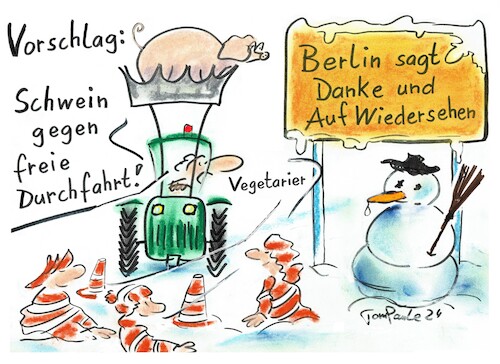 Cartoon: Abmarsch Berlin wann ? (medium) by TomPauLeser tagged berlin,bauern,traktor,landmaschine,bauernproteste,protest,landwirt,protestwoche,bauerndemo,demo,aufmarsch,abmarsch,demonstrant,demonstration,klimakleber,sperre,strassenblockade,schneemann,ortsschild,stadtschild,auf,wiedersehen