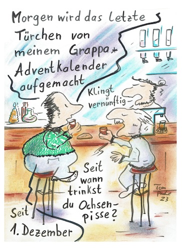 Cartoon: Adventkalender (medium) by TomPauLeser tagged adventkalender,ochsen,kneipe,grappa,alkohol,alkoholkonsum,tresen,biertresen,spiegelbar