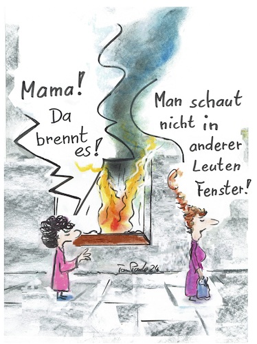 Cartoon: Alarm (medium) by TomPauLeser tagged alarm,notfall,brand,brennen,warnapp,app,warnung,schlapplachsachen,fenster,wohnungsbrand,tompaule,satirecartoon,mutter,tochter,hilferuf,notruf