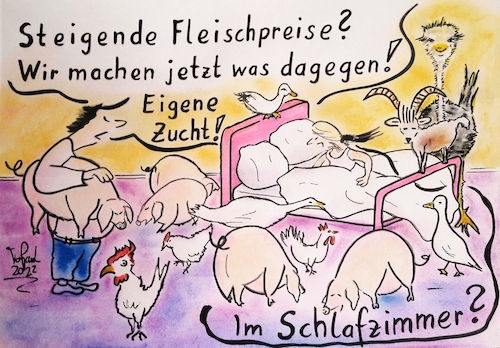 Cartoon: Alles wird teurer (medium) by TomPauLeser tagged vegan,fleischpreis,kosten,kostensteigerung,kostenexplosion,schlafzimmer,bauernhof,züchten,züchter,schwein,gans,huhn,hühner,strauß,ziegenbock,schaf,ziege,ente,selbstwirtschaft