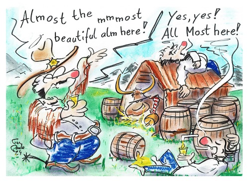 Cartoon: Almgedudel (medium) by TomPauLeser tagged almost,beatiful,almgedudel,most,wein,schnaps,treber,dudel,must,pasture,area,alm,mountains,mountain,hill,alcohol,distillate,grape,cow,berge,bayern,schweiz,österreich,austria,cowboy,bavaria