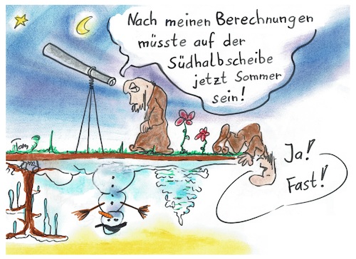 Cartoon: Als die Erde eine Scheibe war (medium) by TomPauLeser tagged scheibe,erde,erdhalbkugel,südkugel,norhalbkugel,südhalbkugel,kugel,teleskop,fernrohr,wissenschaft,forscher,schneemann,schneetanne,tannenbaum,eiszapfen,umgekhrt,auf,dem,kopf,bücken