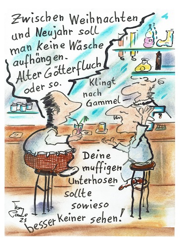 Cartoon: Alte Götter (medium) by TomPauLeser tagged alte,götter,göttersegen,thor,götterfluch,wäsche,aufhängen,kneipe,bar,gastronom,wirt,wirtschaft,schenke,ausschenken,unterhose,unterwäsche,waschen,trocknen,wäscheleine