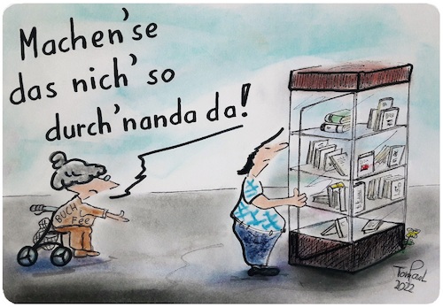 Cartoon: Am Bücherschrank (medium) by TomPauLeser tagged am,bücherschrank,durcheinander,bücher,buchschrank