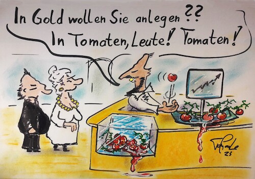 Cartoon: Anlageberatung (medium) by TomPauLeser tagged juwel,gold,edelmetall,anlageberater,goldwert,tomaten,tomatenstrunk,juwelier,juwelierladen,schmuckgeschäft,goldkauf,kostenexplosion,verteuerung