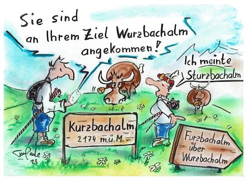 Cartoon: Auf der Alm da (medium) by TomPauLeser tagged walking,wandern,bergwandern,bergwanderung,almtour,alm,bergalm,kuh,kühe,einjährige,kuhglocke,kuhalm,berge,tal,täler,smartphone,wegweiser,hinweistafel,wanderschuhe,wanderausrüstung,walkingstöcke