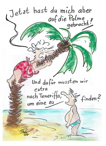 Cartoon: Auf die Insel. Nach Teneriffa (medium) by TomPauLeser tagged teneriffa,insel,kanaren,palme,kokospalme,dattelpalme,aufbringen,strand,meer,badehose,badeanzug,fliegen,klettern