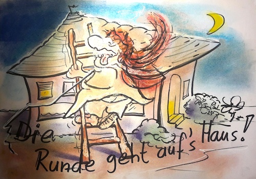 Cartoon: Aufs Haus (medium) by TomPauLeser tagged runde,haus,wohlwollend,gnädig,begünstigen,trinkgeld,leiter,fensterln,mond,mondnacht,halbmonf,häusschen,dach,steigen,nachtwandler,nachtwandlerin,schlafwandel,schlafwandlerin