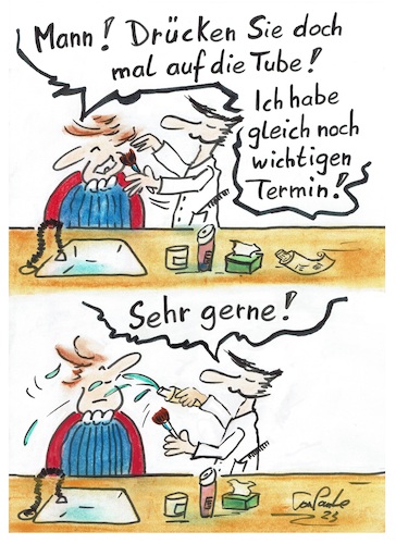 Cartoon: Barbier St Phan Sehr gerne (medium) by TomPauLeser tagged friseur,termin,wichtig,tube,drücken,kamm,schere,salon,frisieren