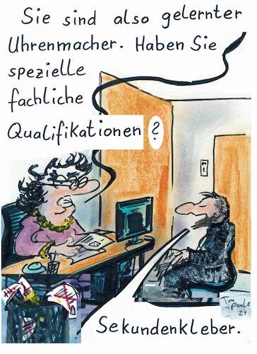 Cartoon: Beim Jobcenter (medium) by TomPauLeser tagged jobcenter,arbeitsamt,uhrmacher,sekundenkleber,sekunde,kleber,amt,arbeitsuchend,arbeitslos,papier,papierkram