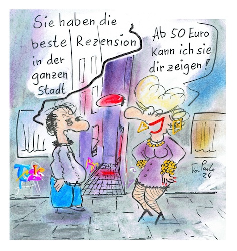 Cartoon: Beste Rezension (medium) by TomPauLeser tagged beste,rezension,empfehlung,bordell,prostituierte,bordsteinschwalbe,freier,kunde