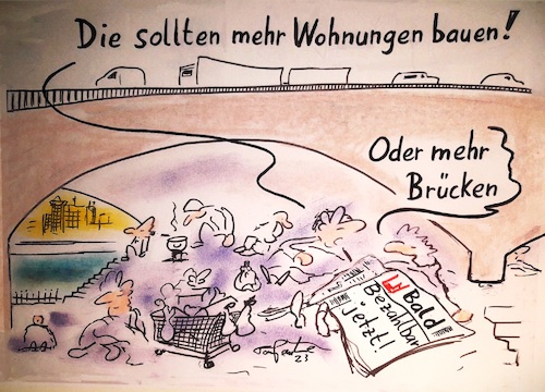 Cartoon: Bezahlbarer Wohnraum (medium) by TomPauLeser tagged bezahlbar,wohnraum,wohnung,wohnungsmangel,reich,arm,strase,platte,wohnungsnot,obdachlos,brücke,bauen,wohnungsmarkt,sozialwohnungen,villen,hochhäuser,skyline,dach,über,den,kopf,hausen