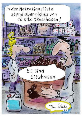 Cartoon: Bitte Notrationen anlegen (medium) by TomPauLeser tagged notrationen,notreserve,notfallreserve,essen,trinken,bevorraten,bundesamt,notfallnahrung,notvorrat,lebensmittelvorrat,checkliste,notfallcheckliste,vorrat,vorratstabelle,osterhase,sitzhase,stehhase,schokohase,schokoladenhase,notfallplan,blackout