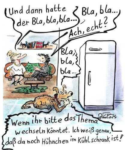 Cartoon: Bla bla bla (medium) by TomPauLeser tagged gespräch,gespräche,diskussion,thema,themen,themata,kühlschrank,hund,fressi,fressen,hühnchen,huhn,themaänderung,couch,sofa,lockere,atmosphäre,wohnsimmer,küche,smalltalk,bla