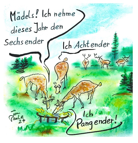 Cartoon: Bockwahl (medium) by TomPauLeser tagged bockwahl,reh,ricke,rehe,wald,förster,jäger,futterkrippe,brunftzeit,geweih,achtender,sechsender,vierender,zwölfender,ungerade,gerade,pangender