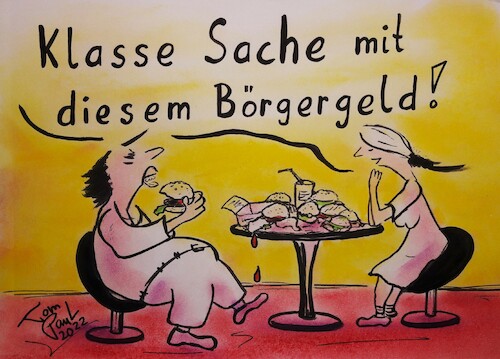Cartoon: Bürgergeld (medium) by TomPauLeser tagged bürger,bürgergeld,burger,hamburger,harz4,fastfood,geld,essen,speisen,amt,restaurant