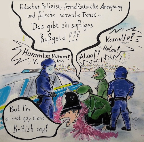 Cartoon: Bußgeld falsche Kostümierung (medium) by TomPauLeser tagged bußgeld,karneval,polizist,festnahme,ordnungswidrigkeit,kostüm,policeman,schwul,transsexuell,rosenmontagszug,karnevalumzug