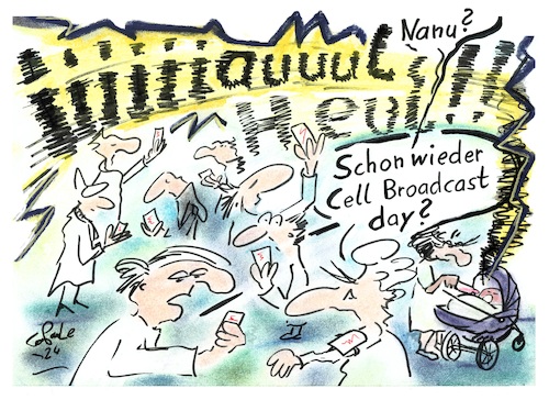 Cartoon: cell broadcast day (medium) by TomPauLeser tagged cell,broadcast,day,handyalarm,notfall,app,warnapp,ninja,baby,babyschrei,babygeheul,schreikind,schreibaby,kinderwagen,überfordert,mutter,vater,eltern,nuckel,nuckelflasche,milchflasche,verwunderung,heulen,geheule,sirene,sirenenwarnung,sirenenwarnton,warnton,alarmapp