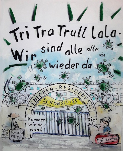 Cartoon: Corona ist wieder da (medium) by TomPauLeser tagged seniorenheim,covid,corona,stacheldraht,tür,tor,viren,arzt,vertreter,pillen,medikamente,altenheim,virenschutz