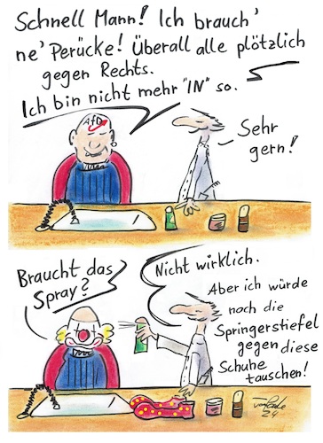 Cartoon: Das Fähnchen dreht sich im Wind (medium) by TomPauLeser tagged friseur,rechts,links,gegen,fascho,faschist,faschistisch,clown,clonsmaske,clownschuhe,springerstiefel,umwandeln,verwandeln,verkleiden,frontenwechsel,seitenwechsel,fähnchen,dreht,sich,im,wind