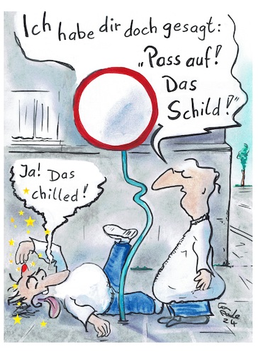 Cartoon: Das Schild (medium) by TomPauLeser tagged schild,verkehrsschild,durchfahrt,verboten,durchfahrverbot,hausecke,gestossen,kopfweh,kopfschmerz,chillen,chillig,bürgersteig,hauswand,sternchen,verbogen,unfall