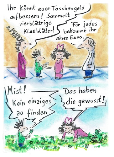 Cartoon: Das Taschengeld aufbessern (medium) by TomPauLeser tagged taschengeld,aufbessern,kleeblatt,klee,blatt,kleeblätter,vierblättrig,wiese,kleewiese,kräuter,kräuterwiese,sammeln,glück,glücksklee,glückskleeblatt,sammler,finden,suchen,entdecken