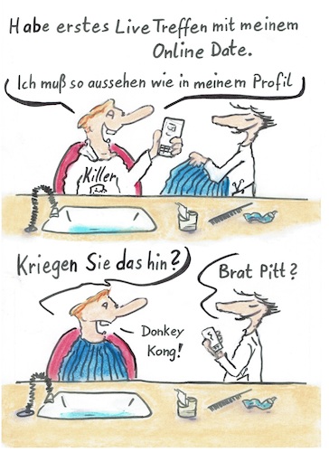 Cartoon: Date mit Donkey Kong (medium) by TomPauLeser tagged date,treffen,onlinedate,barbier,friseursalon,friseur,frisierschere,frisör,brat,pitt,donkey,kong