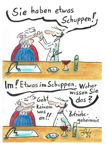 Cartoon: Der die das Schuppen (medium) by TomPauLeser tagged schuppen,abgestorbene,pityriasis,captis,simplex,capillitii,hautzellen,schuppenbildung,schuppenkrankheit,frisör,friseur,friseursalon,frisörsalon,barbier,geheimnis,versteck,versteckt,garagen,garage,garagenschuppen,hütte