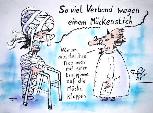 Cartoon: Der Mückenstich (medium) by TomPauLeser tagged mücke,pfanne,bratpfanne,gehhilfe,krankenhaus,kopfverband,verband,arzt,pfleger,doktor,arztkittel,notaufnahme,gipsverband,pflaster,kopfweh,gehauen,kloppen,fliege,stechmücke,moskito,schnake,gelse,blutsauger,anopheles