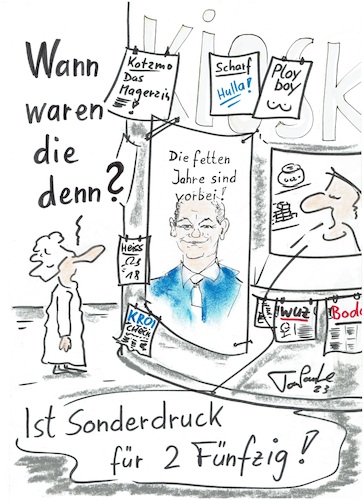 Cartoon: Die fetten Jahre sind vorbei (medium) by TomPauLeser tagged oliver,scholz,rede,nation,ansprache,die,fetten,jahre,sind,vorbei,wirtschaftskrise,finanzlage,krise,geldkrise,kiosk,zeitungen,zeitschriften,plakat,parteirede