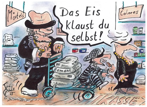 Cartoon: Maffiossos - Baumarkt (medium) by TomPauLeser tagged mafia,clan,knastbruder,maschinenpistole,maschinengewehr,waffe,sonnenbrillen,gestreift,goldkette,leichen,leichenberg,casa,villa,tochter,bruder,baumarkt,bau,zemenz,mörtel,einkaufswagen,eis,am,stiel,stieleis,zementsack,zementsäcke,farben,farbeimer,regal,kasse