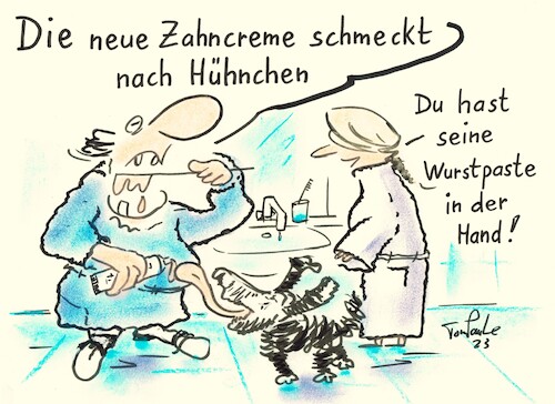 Cartoon: Die neue Zahncreme (medium) by TomPauLeser tagged zahncreme,zahnpasta,hund,badezimmer,zähne,zähneputzen,zahnpflege,morgenmantel,frottee,schlafanzug,hundelecker,hundeleckerli,tiernahrung,paste,geflügelpaste,waschnecken,spiegel,bademantel,zahnbürste