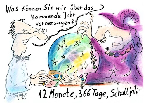 Cartoon: Die Vorhersage (medium) by TomPauLeser tagged vorhersage,schaltjahr,366,tage,365,12,monate,jahr,jahreswechsel,neues,wahrsagerin,wahrsager,horoskop,astrologie,glaskugel,sterne,anzugträger,fragesteller,fragestellung