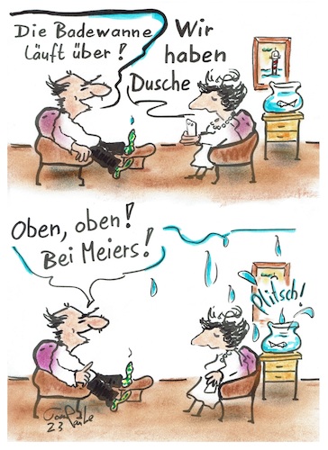 Cartoon: Die Wanne ist voll (medium) by TomPauLeser tagged wanne,dusche,badewanne,wasserschaden,trockenlegen,badezimmer,überflutet,ausgelaufen,überlaufen,übergelaufen,naß,deckenschaden,versicherungsschaden,stockwerk,wohnung,aquarium,fisch,goldfisch,handy,smartphone,sessel